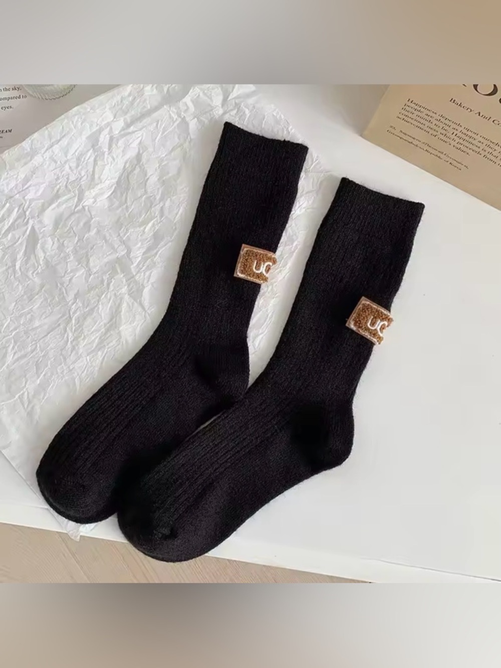 Black Ribbed Knit Crew Socks Embroidered Patch Cozy Warm One Size Women